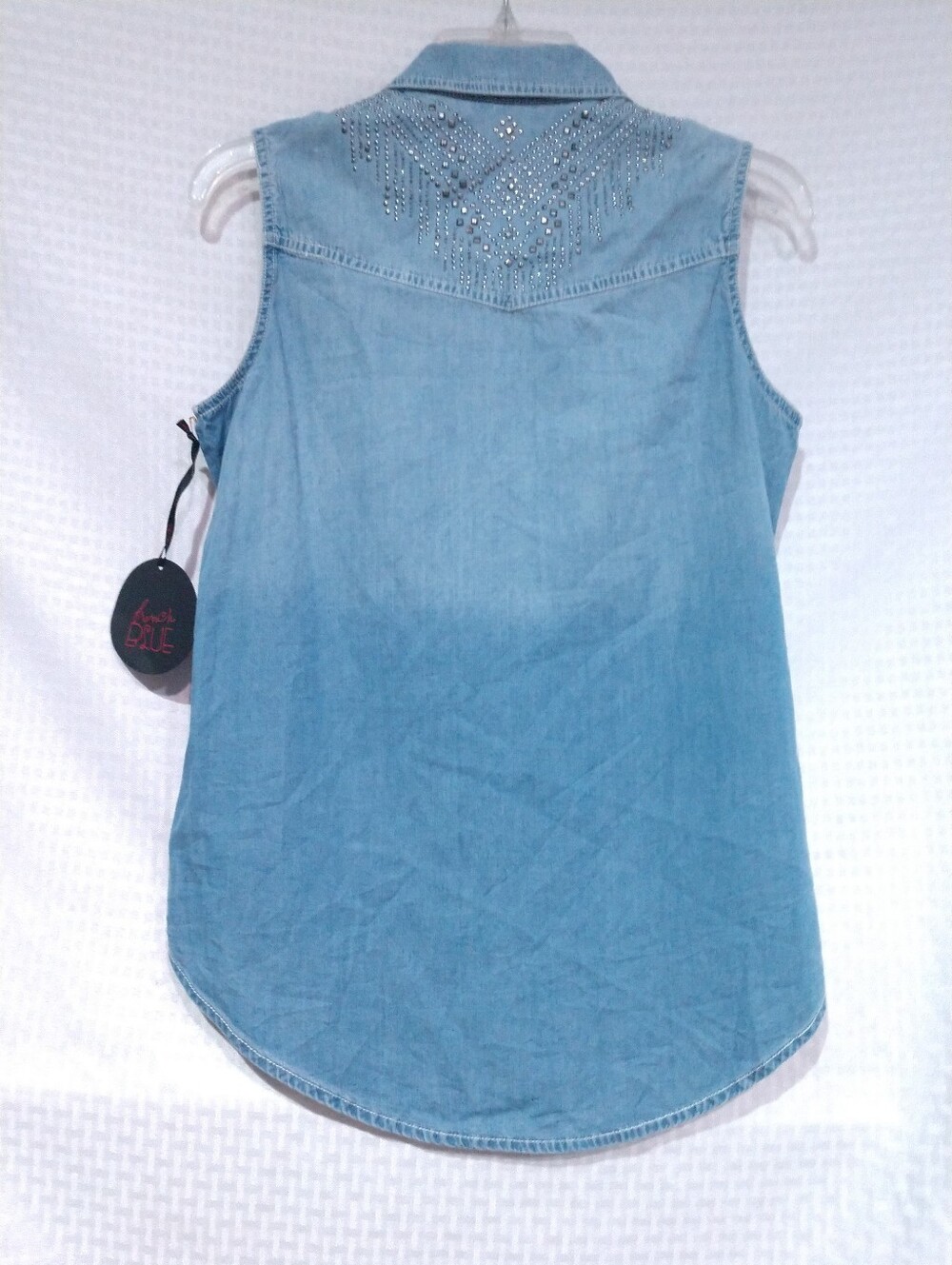 NEW French Blue Sleeveless Chambray Shirt Denim Look Studded Blue Size Medium